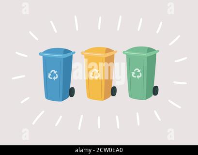 Müll Bunte Dosen für separaten Abfall. Behälter für die Sortierung von Recycling-Abfällen. Vektor Stock Vektor
