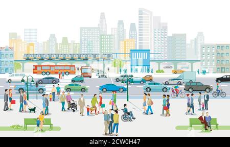 City Silhouette mit Menschen auf dem Bürgersteig und Straßenverkehr, Illustration Stock Vektor