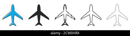 Flugzeugsymbole. Set von Flugzeugen auf weißem Hintergrund. Vektorgrafik. Verschiedene schwarze Ebenensymbole. Stock Vektor