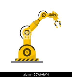 Roboterarm auf weißem Hintergrund. Mechanische Hand. Vektorgrafik. Moderner technischer Manipulator im Werk. Stock Vektor