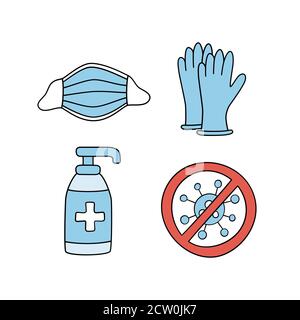 Medizinische Gesichtsmaske, Latexhandschuhe und Desinfektionsflasche gegen Coronavirus Stock Vektor