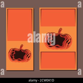 Set von vertikalen Banner mit 3d festliche Illustration von Kürbis aus Papier geschnitten und Platz für Text. Erntedankfest. Halloween. Vektorvorlage für Stock Vektor