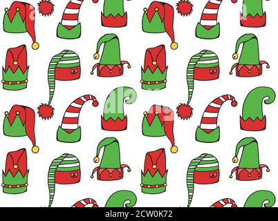 Nahtlose Textur mit Cartoon Elf Hüte. Vector festlichen Hintergrund für Geschenkpapier, Hintergründe, Stoffe und Ihre Kreativität Stock Vektor