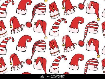 Nahtlose Textur mit Cartoon Elfe und Weihnachtsmützen. Vector festlichen Hintergrund für Geschenkpapier, Hintergründe, Stoffe und Ihre Kreativität Stock Vektor