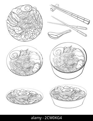 Kontur schwarz-weiß Karikatur Illustration von Ramen in verschiedenen Winkeln. Nudeln. Vektor-Element für das Menü, Karte, Malvorlagen und Ihre Kreati Stock Vektor