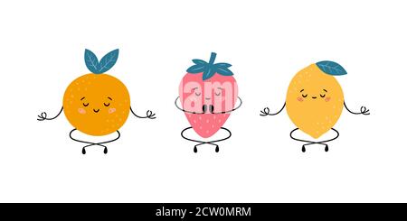 Süße Früchte in Yoga-Pose. Orange, Erdbeere und Zitrone üben Yoga und meditieren. Lustige Vektor-Cartoon-Figuren Stock Vektor