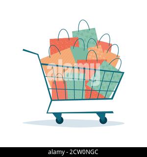 Überfließender Einkaufswagen mit Papiertüten. Symbol für Verkäufe und Rabatte. Vektor Stock Vektor