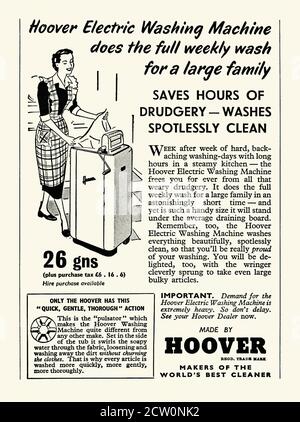 Eine 1951 Zeitschrift Anzeige für Hoover elektrische Waschmaschine. Die Firma Hoover ist bekannt für ihre Staubsauger und wurde in Ohio, USA gegründet. Es dominierte auch den britischen Markt, bis zu dem Punkt, wo die Marke Hoover zum Synonym für Staubsaugen wurde. Hoover war auch für seine Waschmaschinen und Wäschetrockner in Großbritannien bekannt. Hoover war Teil der Whirlpool Corporation, und dann Techtronic Industries – Vintage 1950er Grafiken. Stockfoto