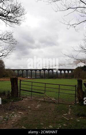 '44871' führt '45407' durch das Viadukt von Cynghordy mit einem Zug in Richtung Norden. Stockfoto