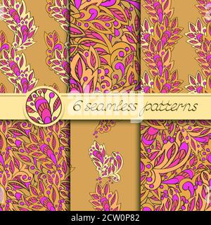 Vektor-Set von nahtlosen Mustern mit floralen Elementen. Sammlung von Mustern in braun und rosa Farben. Stock Vektor