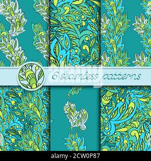 Vektor-Set von nahtlosen Mustern mit floralen Elementen. Sammlung von Mustern in grünen und gelben Farben. Stock Vektor