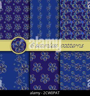 Vektor-Set von nahtlosen Mustern mit floralen Elementen. Sammlung von Mustern in blauen und gelben Farben. Stock Vektor