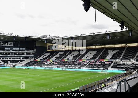 DERBY, ENGLAND. 26. SEPTEMBER 2020 Gesamtansicht des Pride Park, Heimat von Derby County während des Sky Bet Championship-Spiels zwischen Derby County und Blackburn Rovers im Pride Park, Derby am Samstag, 26. September 2020. (Quelle: Jon Hobley, Mi News) Stockfoto