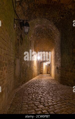 Schattiger Eingang in das riesige Schloss von Sedan, keine Leute, nachts unter Straßenlaternen Stockfoto