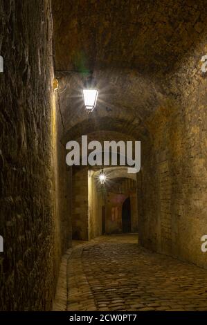 Schattiger Eingang in das riesige Schloss von Sedan, keine Leute, nachts unter Straßenlaternen Stockfoto