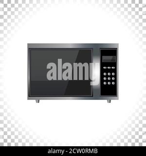 Modernes Mikrowellen-Symbol. Vorderansicht. Metall und schwarzes Glas. Mikrowellenbild auf transparentem Hintergrund isoliert. Element für Web-Designs. Vektorgrafik Stock Vektor