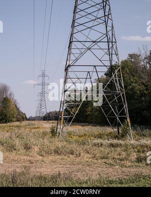 Hochspannungsleitungen, die durch Ackerland führen. Stockfoto