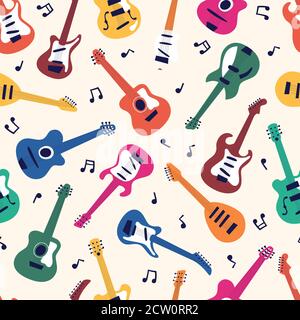 Nahtloses Muster von akustischen und elektrischen Gitarren auf hellem Hintergrund. String Musikinstrumente auf niedlichen flachen Cartoon-Stil. Stock Vektor