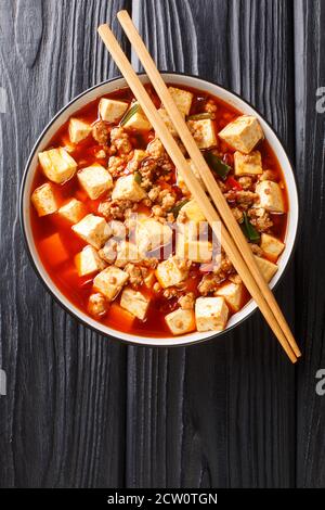 Mapo Tofu klassisches Rezept besteht aus Seidentofu, gemahlenem Schweinefleisch, fermentierten Bohnen, fermentierten schwarzen Bohnen und Sichuan Pfeffermais Closeup in der Platte auf Stockfoto