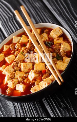 Mapo Tofu klassisches Rezept besteht aus Seidentofu, gemahlenem Schweinefleisch, fermentierten Bohnen, fermentierten schwarzen Bohnen und Sichuan Pfeffermais Closeup in der Platte auf Stockfoto