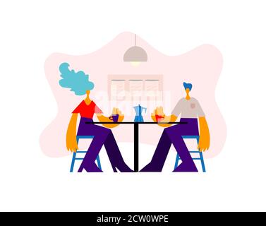 Glücklicher Mann und Frau sitzen am Tisch und plaudern mit Mokkaffee im Restaurant. Freunde, Kollegen, Business Meeting Konzept Illustration Vektor. Stock Vektor