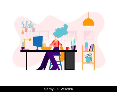 Frau im flachen Stil am Tisch mit Computer, Laptop am Arbeitsplatz zu Hause arbeiten. Freiberufler Frau Konzept. Studentinnen studieren Stock Vektor