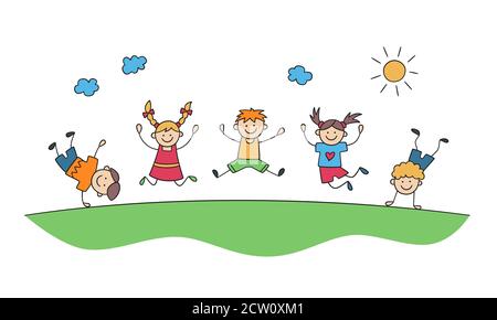 Kinder springen zusammen. Lustige Kinder springen. Frohe Kindheit. Doodle Vektorgrafik Stock Vektor