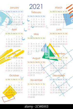 Abstrakte geometrische 2021 Kalender Vorlage Illustration. Poster für a3, a4, a5 Größen.Vektor Stock Vektor