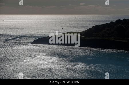 Langland Bay, Swansea, Großbritannien. September 2020. Eine Gruppe von Paddelboardern macht das Beste aus der atemberaubenden Herbstsonne und dem ruhigen Meer in Snaple Point, Langland Bay, Swansea heute Nachmittag, bevor die Gegend morgen in den Lockdown geht. Quelle: Phil Rees/Alamy Live News Stockfoto