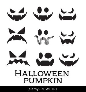 Gruselige und lustige Gesichter von Halloween Kürbis oder Geist auf weißem Hintergrund gesetzt. Vector Kollektion. Stock Vektor