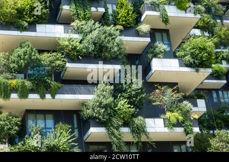 Moderne, futuristische Gebäude namens Vertical Wood in Mian. Stockfoto