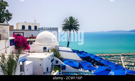 Berühmtes Café in der totaly blau und weiß Stadt in Sidi Bou Said, Tunesien Stockfoto