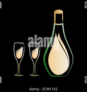 Champagner Gläser mit Flasche Logo Design für Alkohol Unternehmen Branding oder für Bar-Shops Banner oder für Hotel-Menü-Karte Gestaltung. Stock Vektor