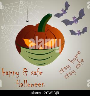 Fröhliches und sicheres Halloween Poster für Partyeinladungen & Banner. Die Abbildungen zeigen eine Kürbis-Laternenmaske, die die Bedeutung der Luftröhre abbildet Stock Vektor