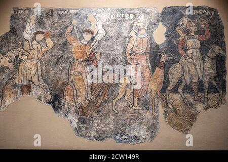 Sieben Todsünden, Sieso Wandmalereien, 16. Jahrhundert, Fresko abgerissen und auf Leinwand übertragen, kommen aus der Kirche von San Miguel Arcangel in Sies Stockfoto