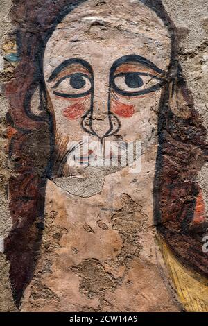 Ruesta pantocrator, Wandmalereien von Ruesta, 12. Jahrhundert, Fresko gerissen und auf Leinwand übertragen, kommen aus der Kirche von San juan bautista in Ruest Stockfoto