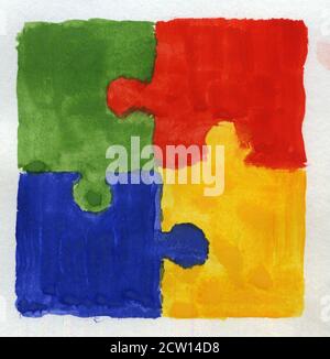 Vier bunte Puzzle-close-up gemalt Hintergrund auf Papier Blatt Stockfoto