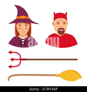 Halloween Figuren in Hexen und Teufel Kostüme gesetzt. Stock Vektor