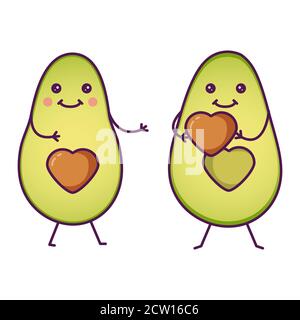 Cute Cartoon Avocado Zeichen geben ein Herz. Romantisches Konzept. Stock Vektor