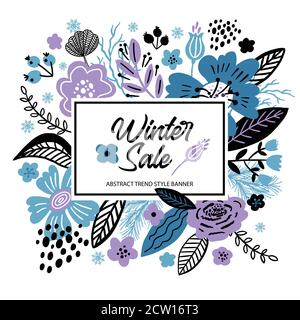 Vector Blumenbanner Verkauf Winter Illustration in Trend-Farben. Flache Blüten, Blütenblätter, Blätter mit und Doodle-Elementen. Collage botanisch Stock Vektor