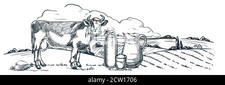 Milchviehbetrieb und frische Milchprodukte, handgezeichnete Skizze Vektor vintage Illustration. Kuh, Flasche und Glaskrug mit Milch auf dem Land Felder Landschaft Stock Vektor