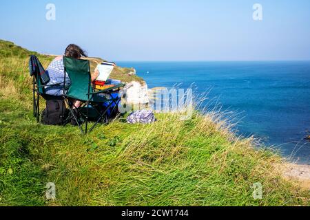 Eine inspirierende Aussicht von der Klippe, North Landing, Flamborough Head, North Yorkshire, Großbritannien Stockfoto