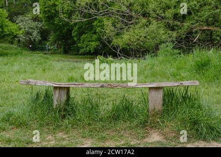 Eine rustikale Holzdiele Bank auf zwei Pfosten in einem grasbewachsenen Feld mit dicken Wäldern im Hintergrund. Ruislip Woods Nature Preserve, Hillingdon, London. Stockfoto