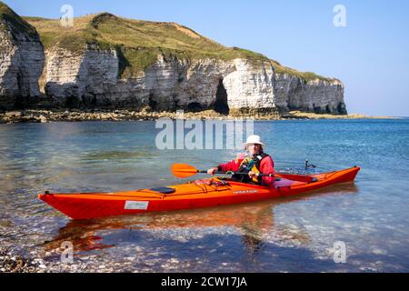 Ankunft am North Landing Beach Ende September 2020, Flamborough Head, North Yorkshire, Großbritannien Stockfoto