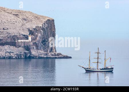 Tall Schiff Pelican von London von Bass Rock Gannet Kolonie in ruhigen Firth of Forth, East Lothian, Schottland, Großbritannien verankert Stockfoto