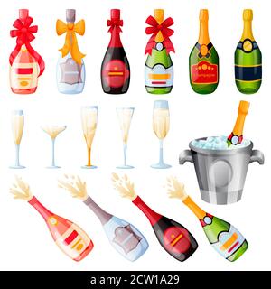 Explosion Champagnerflaschen mit Schleifbändern und Trinkgläser Set. Vektor flache Cartoon-Illustration. Urlaub Alkohol Set, isoliert auf weißem Hintergrund Stock Vektor