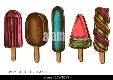 Vektor-Set von Hand gezeichneten farbigen Eis Popsicle Stock Vektor