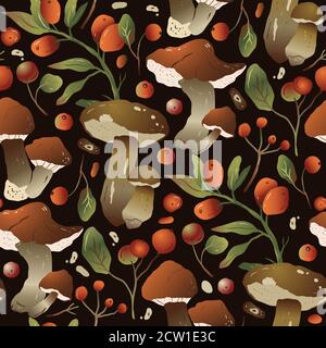 Pilze & Beeren Saison.Handgezeichnete trendige Wald Hintergrund in einem flachen Stil. Nahtloses Vektormuster. Blumenmuster im Herbst. Stock Vektor