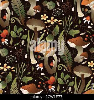 Handgezeichnete trendige Wald Hintergrund. Nahtloses Vektor-Blumenmuster mit Herbstmotiven im flachen Stil. Pilze, Celandine, Kamille und Farn Wildkräuter und Blumen. Stock Vektor