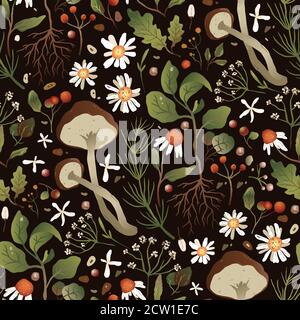 Handgezeichnete trendige Wald Hintergrund in einem flachen Stil. Nahtloses Kamille- und Pilzmuster. Kräuter und Blumen Vektor Blumen Herbst Design. Stock Vektor